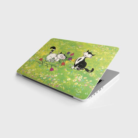 Laptop Sticker Notebook Pc Kaplama Etiketi Çiçekler ve Kedi