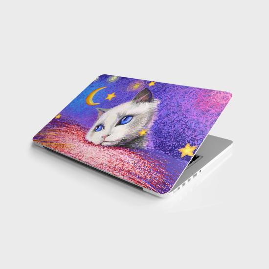 Laptop Sticker Bilgisayar Notebook Pc Kaplama Etiketi Beyaz Kedi Çizim